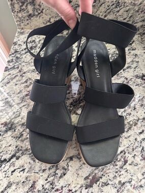 Madden Girl Black Elastic Strappy Block Heel Sandals